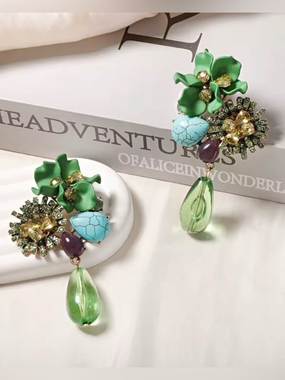 Floral Green Gemstone Drop Earrings